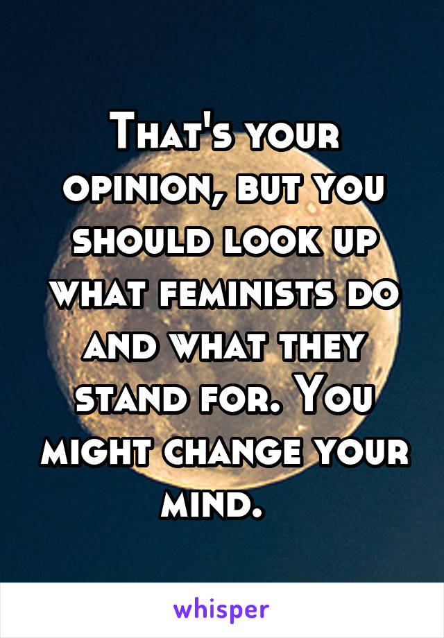 That's your opinion, but you should look up what feminists do and what they stand for. You might change your mind.  