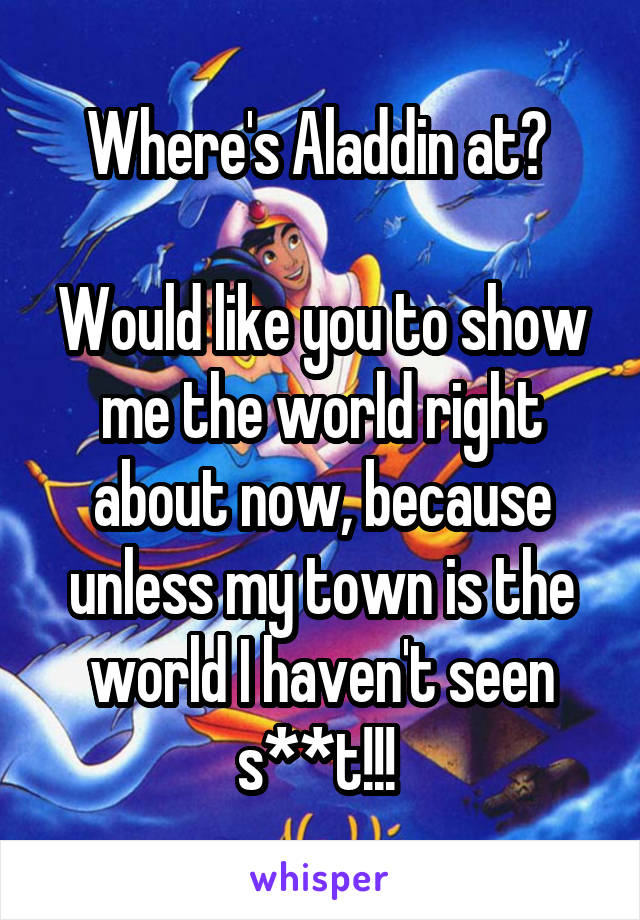 Where's Aladdin at? 

Would like you to show me the world right about now, because unless my town is the world I haven't seen s**t!!! 