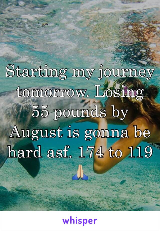 Starting my journey tomorrow. Losing 55 pounds by August is gonna be hard asf. 174 to 119 🙏🏼