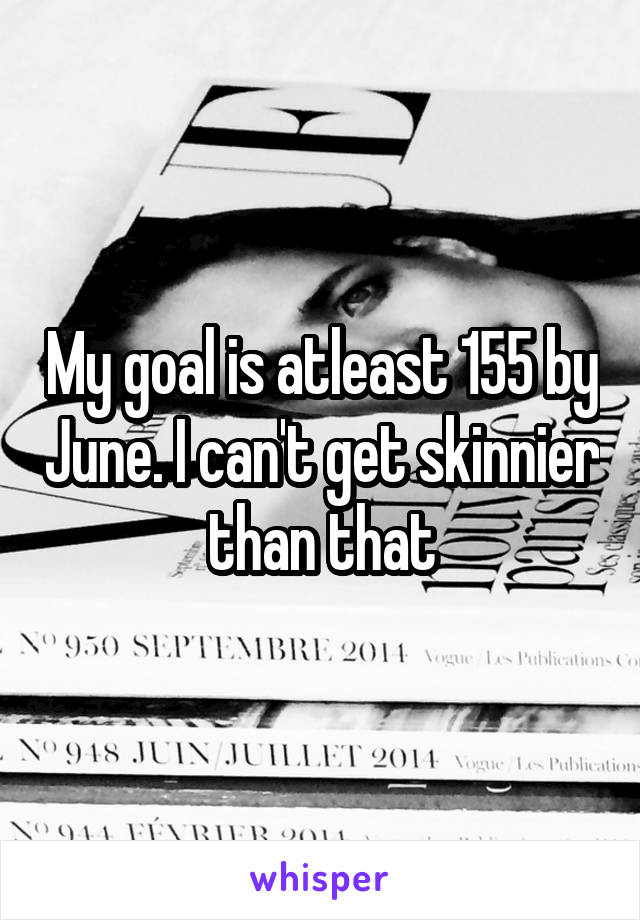 My goal is atleast 155 by June. I can't get skinnier than that