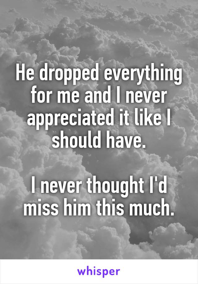 He dropped everything for me and I never appreciated it like I should have.

I never thought I'd miss him this much.