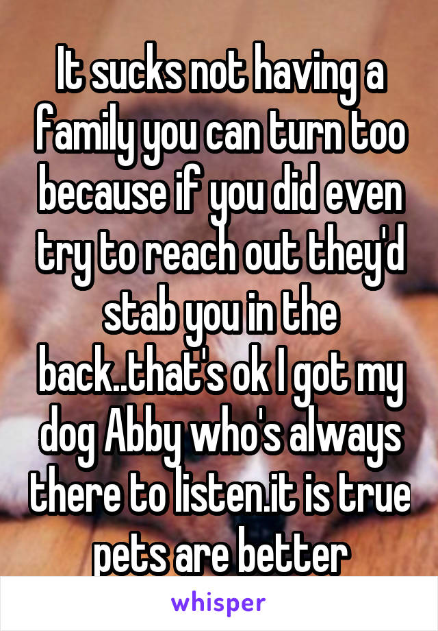 It sucks not having a family you can turn too because if you did even try to reach out they'd stab you in the back..that's ok I got my dog Abby who's always there to listen.it is true pets are better