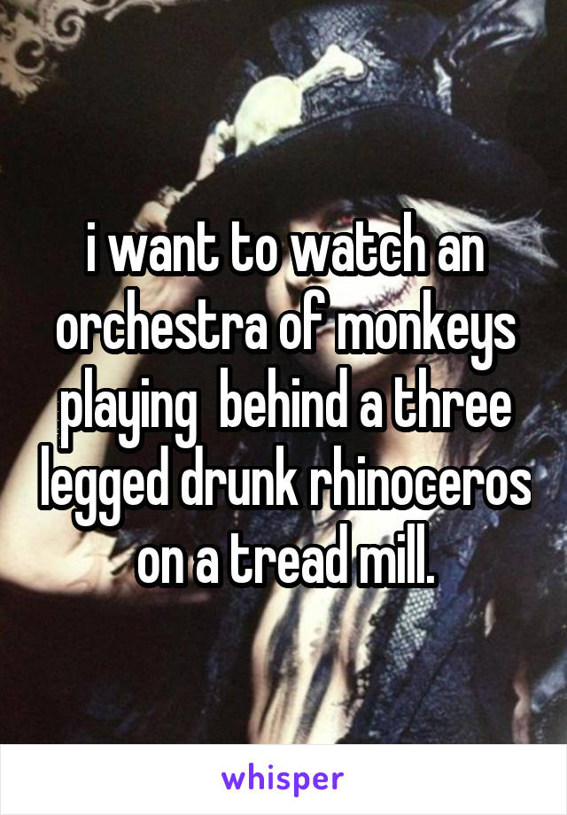 i want to watch an orchestra of monkeys playing  behind a three legged drunk rhinoceros on a tread mill.