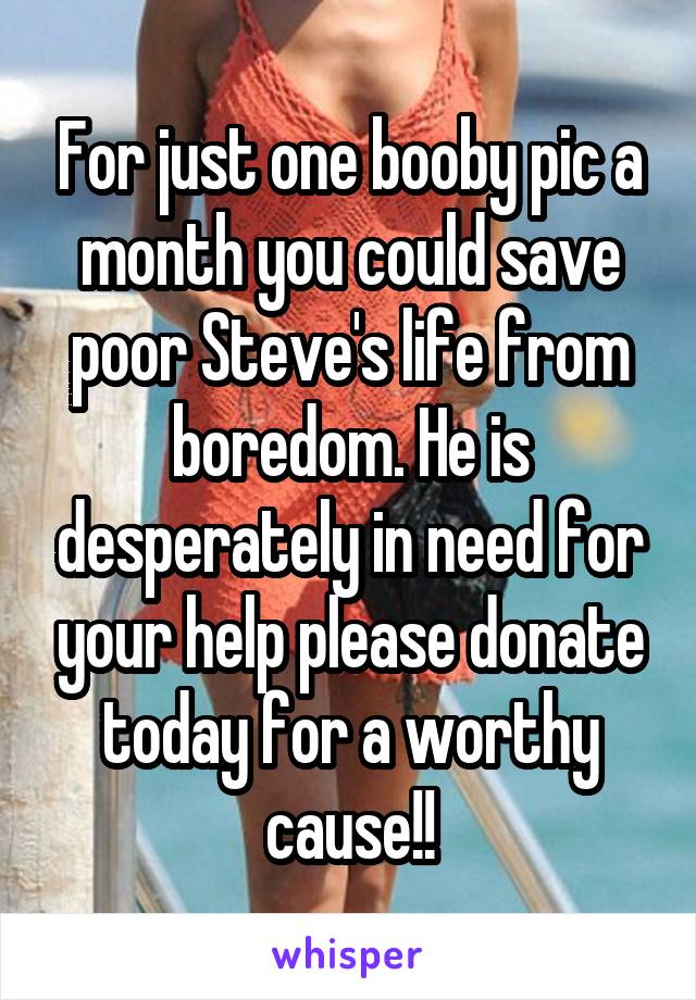 For just one booby pic a month you could save poor Steve's life from boredom. He is desperately in need for your help please donate today for a worthy cause!!