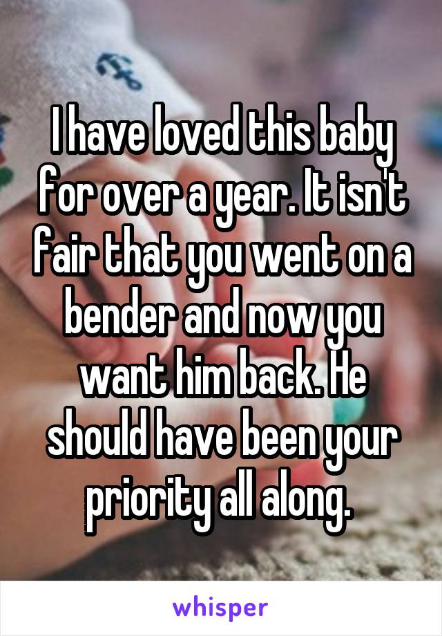 I have loved this baby for over a year. It isn't fair that you went on a bender and now you want him back. He should have been your priority all along. 