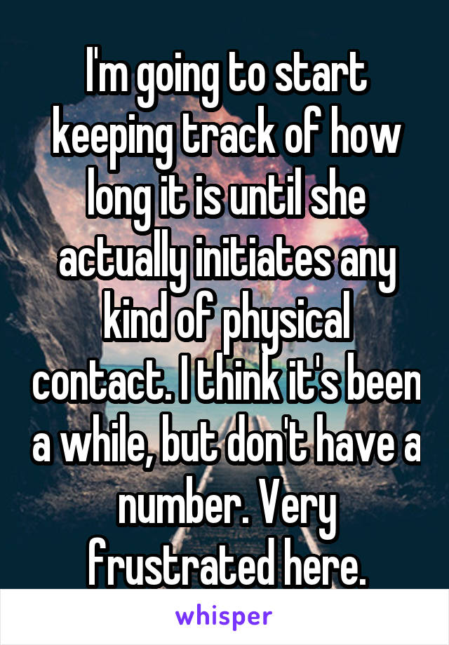 I'm going to start keeping track of how long it is until she actually initiates any kind of physical contact. I think it's been a while, but don't have a number. Very frustrated here.