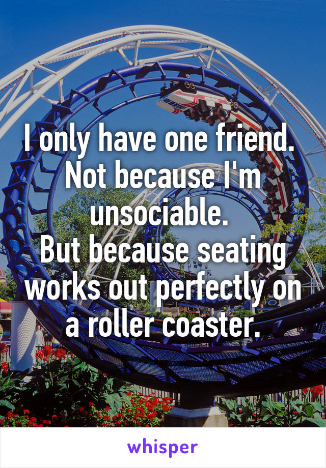 I only have one friend. 
Not because I'm unsociable. 
But because seating works out perfectly on a roller coaster.