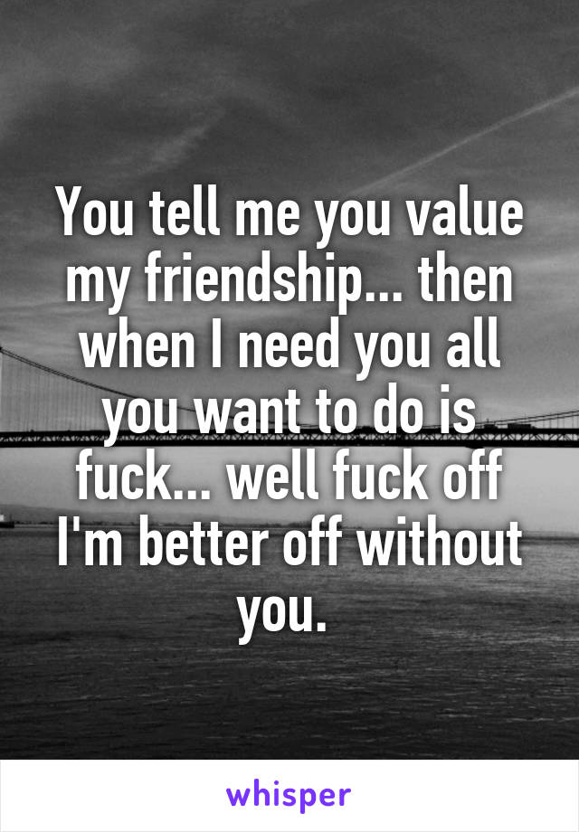 You tell me you value my friendship... then when I need you all you want to do is fuck... well fuck off I'm better off without you. 