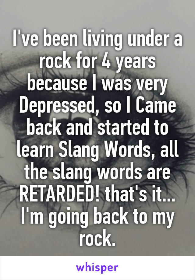 I've been living under a rock for 4 years because I was very Depressed, so I Came back and started to learn Slang Words, all the slang words are RETARDED! that's it... I'm going back to my rock.