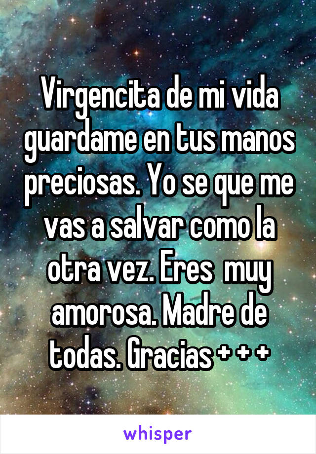 Virgencita de mi vida guardame en tus manos preciosas. Yo se que me vas a salvar como la otra vez. Eres  muy amorosa. Madre de todas. Gracias + + +