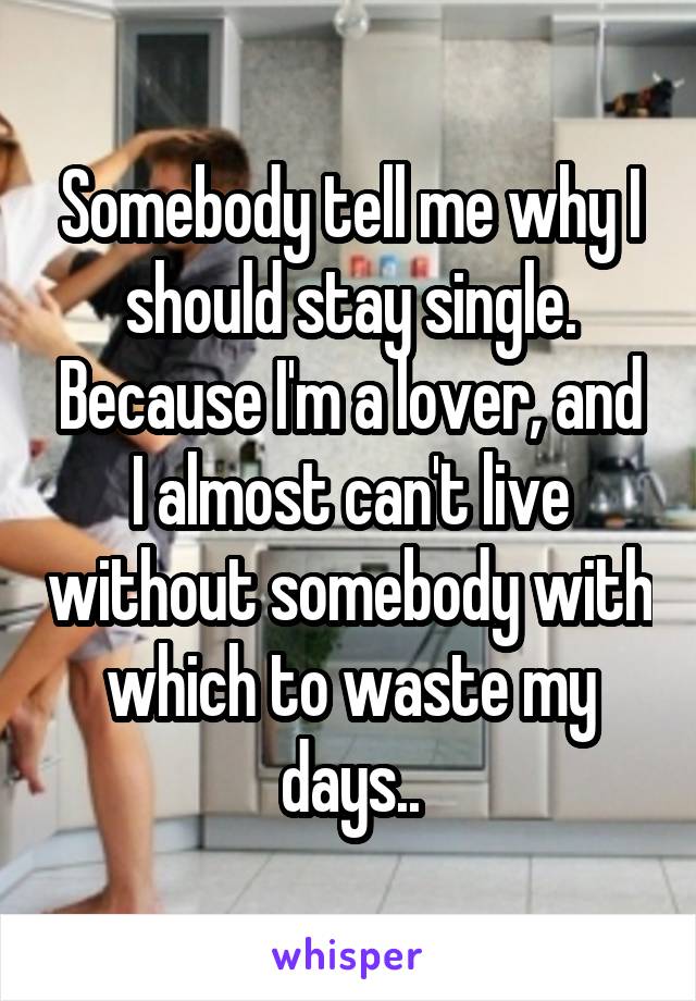 Somebody tell me why I should stay single. Because I'm a lover, and I almost can't live without somebody with which to waste my days..