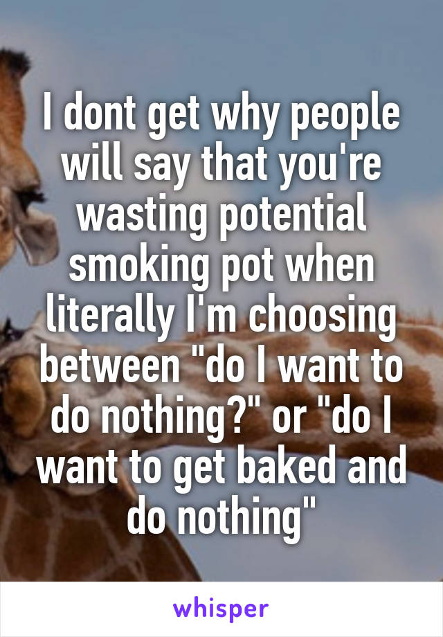 I dont get why people will say that you're wasting potential smoking pot when literally I'm choosing between "do I want to do nothing?" or "do I want to get baked and do nothing"