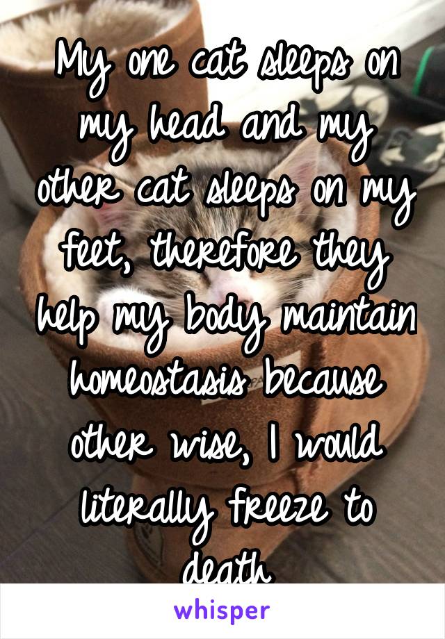 My one cat sleeps on my head and my other cat sleeps on my feet, therefore they help my body maintain homeostasis because other wise, I would literally freeze to death