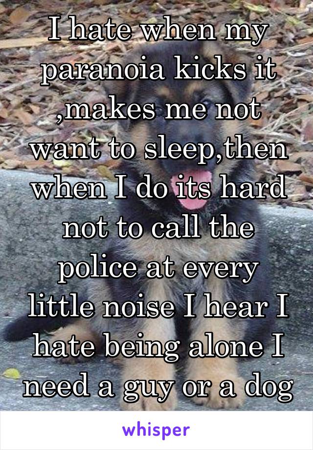 I hate when my paranoia kicks it ,makes me not want to sleep,then when I do its hard not to call the police at every little noise I hear I hate being alone I need a guy or a dog to help