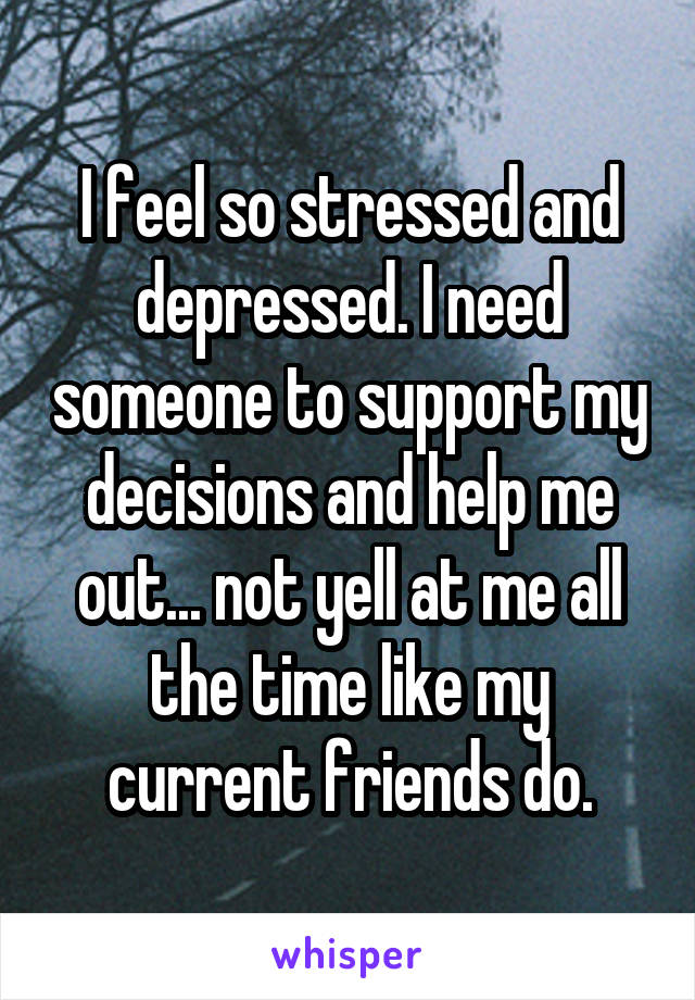 I feel so stressed and depressed. I need someone to support my decisions and help me out... not yell at me all the time like my current friends do.