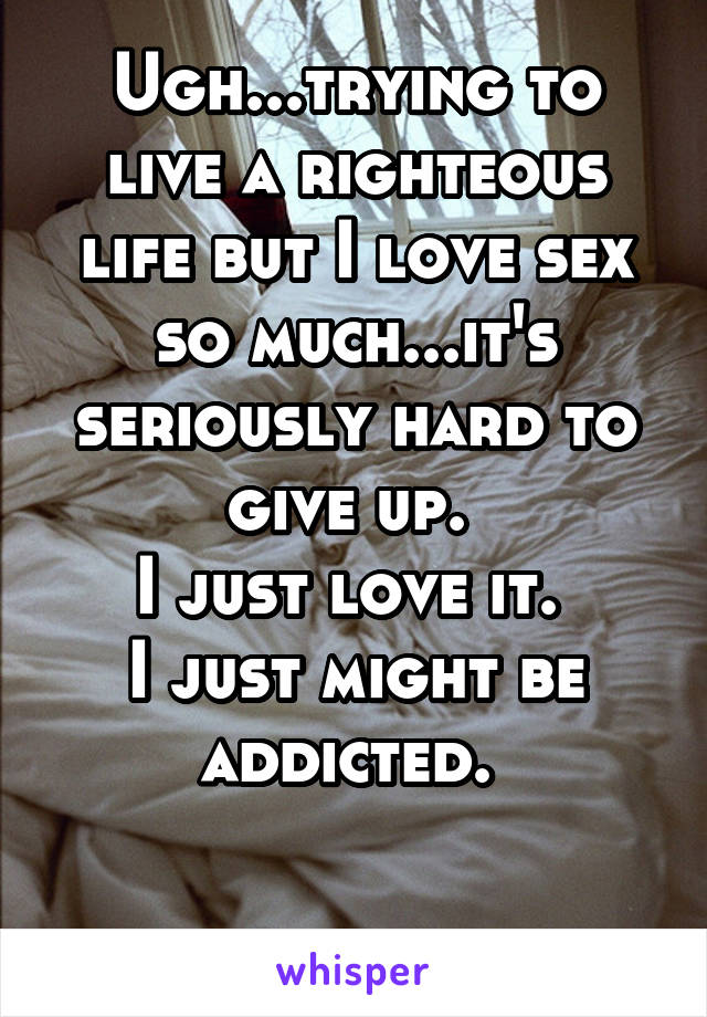 Ugh...trying to live a righteous life but I love sex so much...it's seriously hard to give up. 
I just love it. 
I just might be addicted. 

