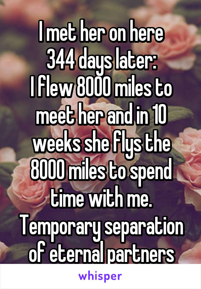 I met her on here
344 days later:
I flew 8000 miles to meet her and in 10 weeks she flys the 8000 miles to spend time with me.
Temporary separation of eternal partners