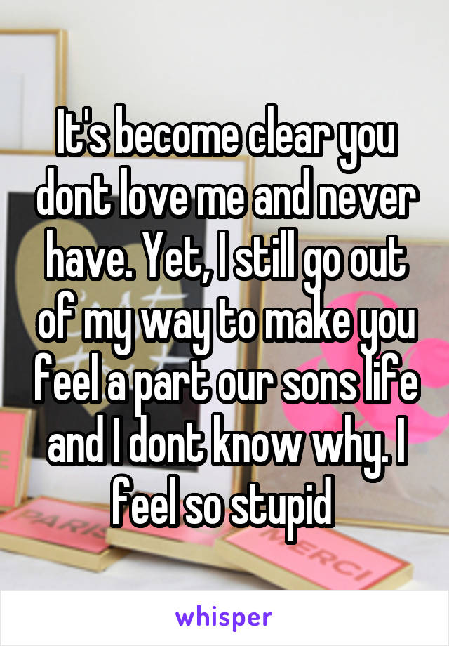 It's become clear you dont love me and never have. Yet, I still go out of my way to make you feel a part our sons life and I dont know why. I feel so stupid 