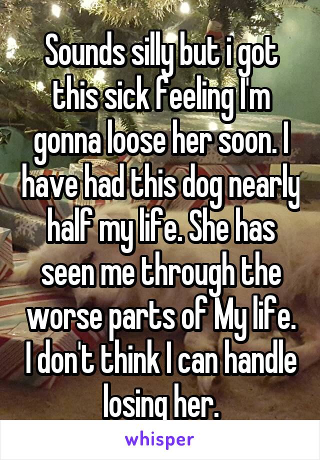 Sounds silly but i got this sick feeling I'm gonna loose her soon. I have had this dog nearly half my life. She has seen me through the worse parts of My life. I don't think I can handle losing her.