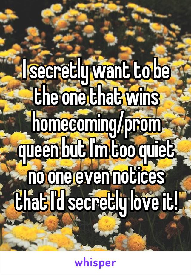 I secretly want to be the one that wins homecoming/prom queen but I'm too quiet no one even notices that I'd secretly love it!