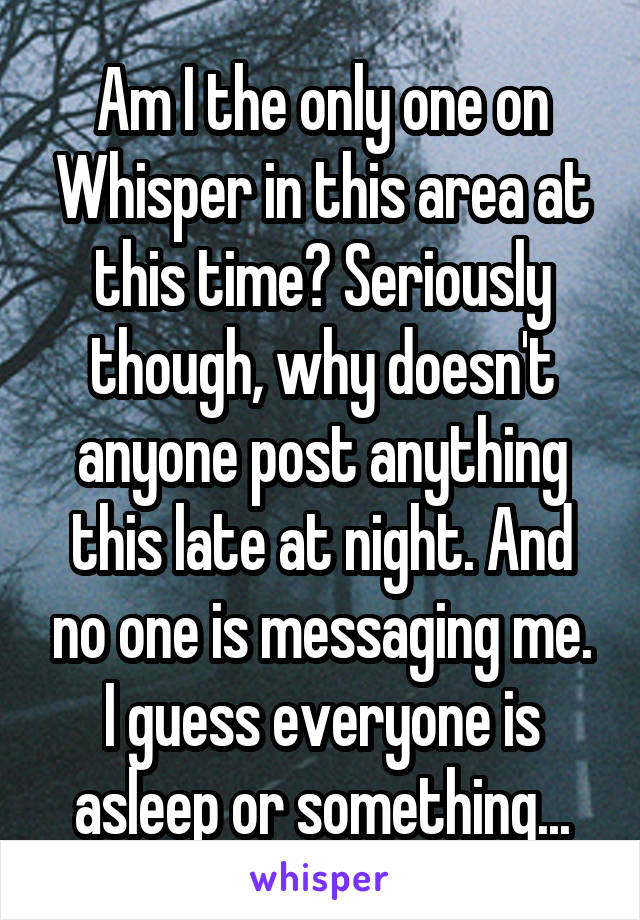 Am I the only one on Whisper in this area at this time? Seriously though, why doesn't anyone post anything this late at night. And no one is messaging me. I guess everyone is asleep or something...