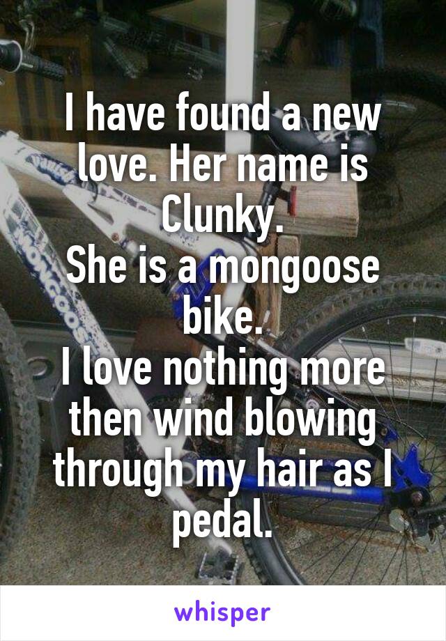 I have found a new love. Her name is Clunky.
She is a mongoose bike.
I love nothing more then wind blowing through my hair as I pedal.