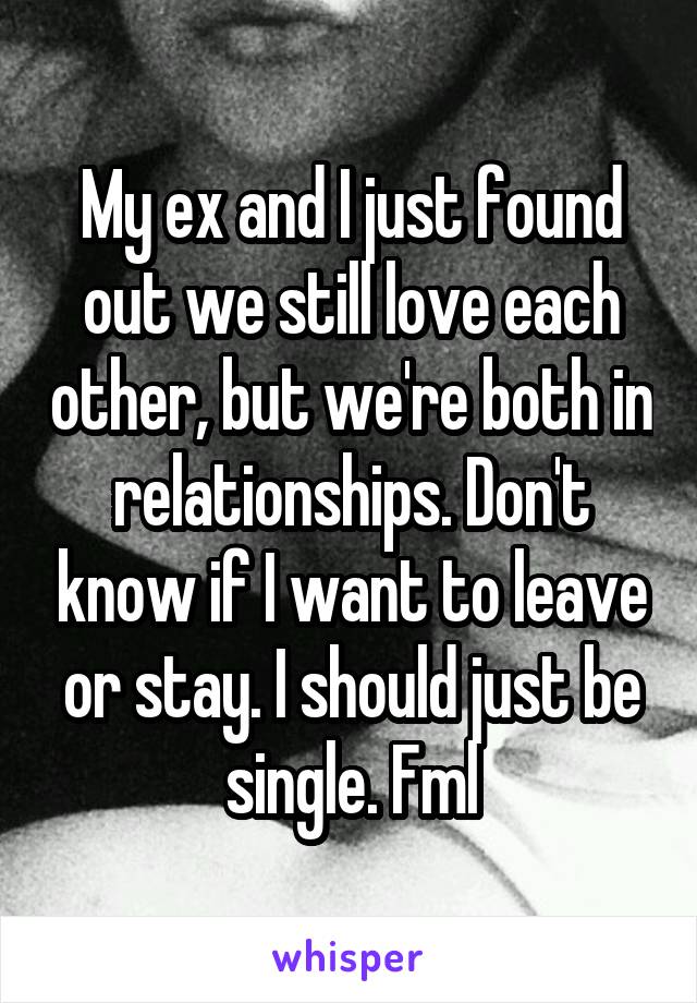 My ex and I just found out we still love each other, but we're both in relationships. Don't know if I want to leave or stay. I should just be single. Fml