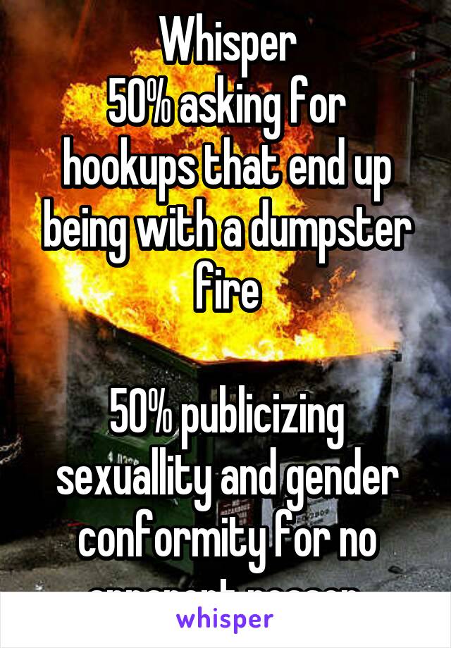 Whisper
50% asking for hookups that end up being with a dumpster fire

50% publicizing sexuallity and gender conformity for no apparent reason.