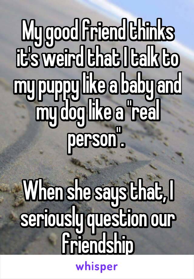 My good friend thinks it's weird that I talk to my puppy like a baby and my dog like a "real person". 

When she says that, I seriously question our friendship