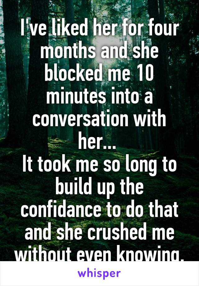 I've liked her for four months and she blocked me 10 minutes into a conversation with her... 
It took me so long to build up the confidance to do that and she crushed me without even knowing.