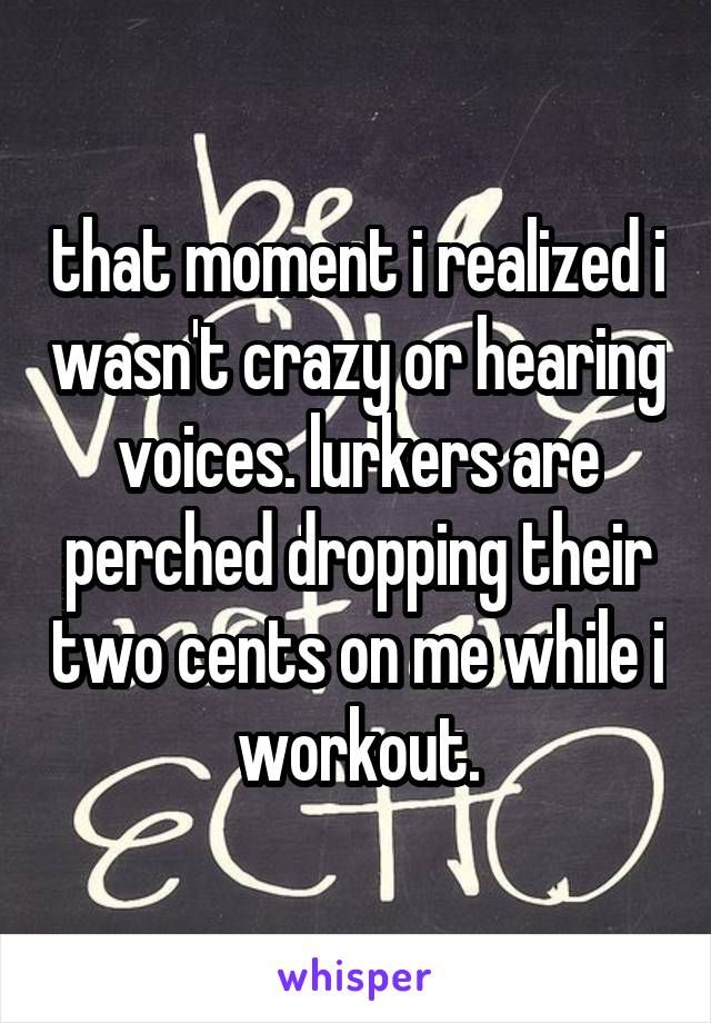 that moment i realized i wasn't crazy or hearing voices. lurkers are perched dropping their two cents on me while i workout.