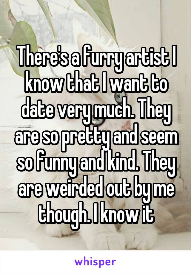 There's a furry artist I know that I want to date very much. They are so pretty and seem so funny and kind. They are weirded out by me though. I know it