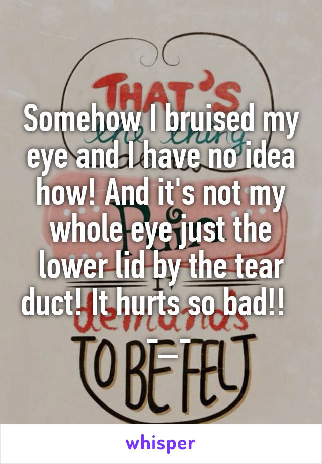 Somehow I bruised my eye and I have no idea how! And it's not my whole eye just the lower lid by the tear duct! It hurts so bad!!     -_-