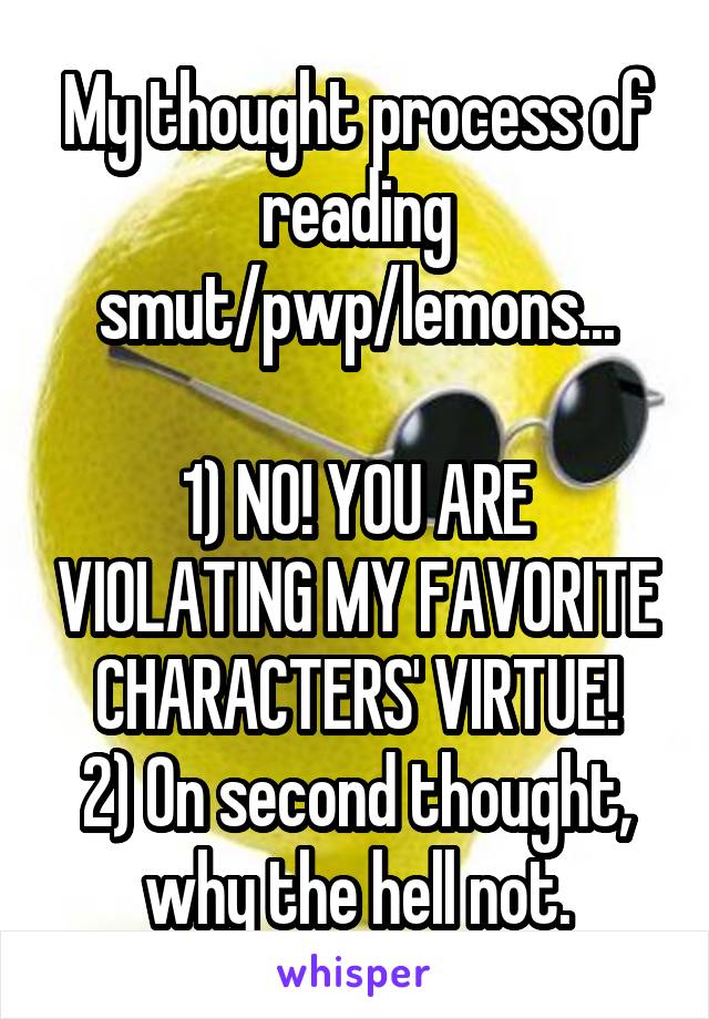 My thought process of reading smut/pwp/lemons...

1) NO! YOU ARE VIOLATING MY FAVORITE CHARACTERS' VIRTUE!
2) On second thought, why the hell not.