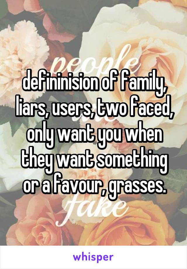 defininision of family, liars, users, two faced, only want you when they want something or a favour, grasses.