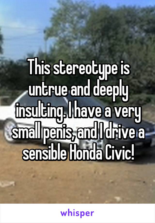 This stereotype is untrue and deeply insulting. I have a very small penis, and I drive a sensible Honda Civic!