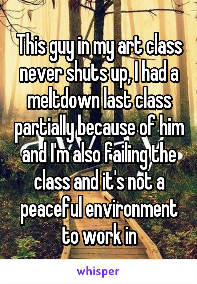 This guy in my art class never shuts up, I had a meltdown last class partially because of him and I'm also failing the class and it's not a peaceful environment to work in