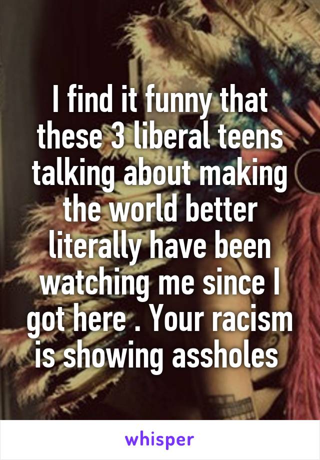 I find it funny that these 3 liberal teens talking about making the world better literally have been watching me since I got here . Your racism is showing assholes 