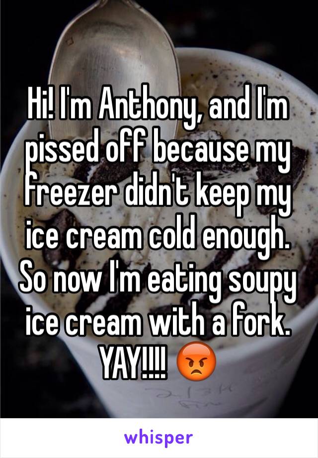 Hi! I'm Anthony, and I'm pissed off because my freezer didn't keep my ice cream cold enough. So now I'm eating soupy ice cream with a fork. YAY!!!! 😡