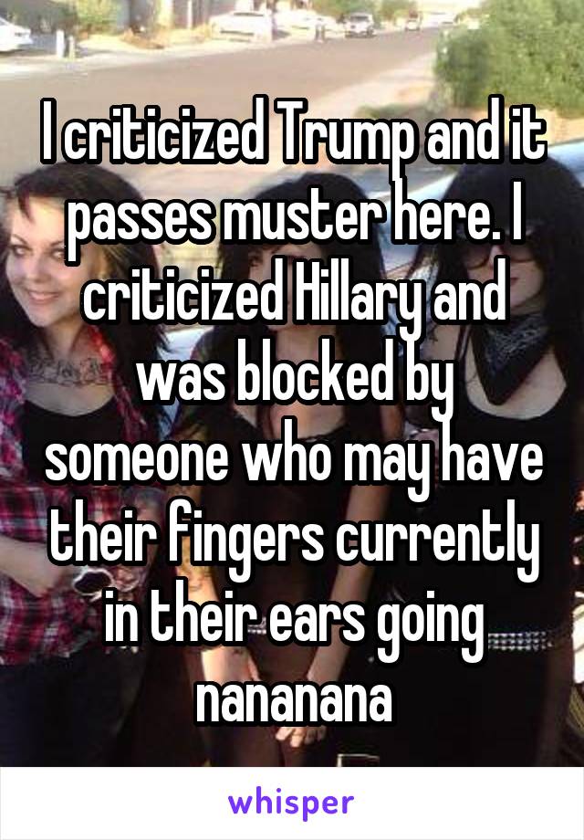 I criticized Trump and it passes muster here. I criticized Hillary and was blocked by someone who may have their fingers currently in their ears going nananana