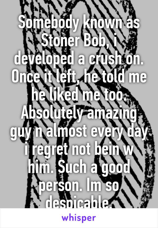 Somebody known as Stoner Bob, i developed a crush on. Once it left, he told me he liked me too. Absolutely amazing guy n almost every day i regret not bein w him. Such a good person. Im so despicable.