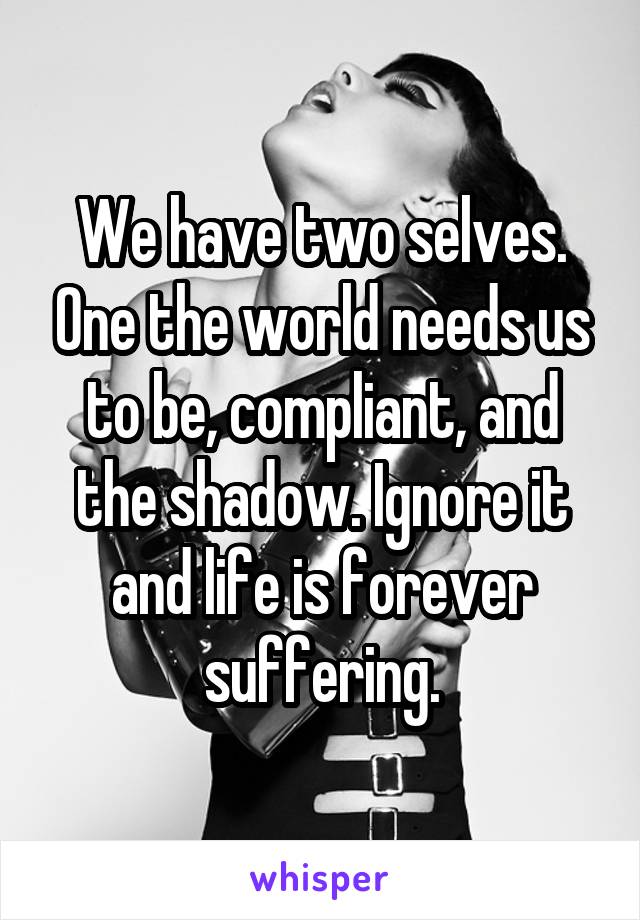 We have two selves. One the world needs us to be, compliant, and the shadow. Ignore it and life is forever suffering.