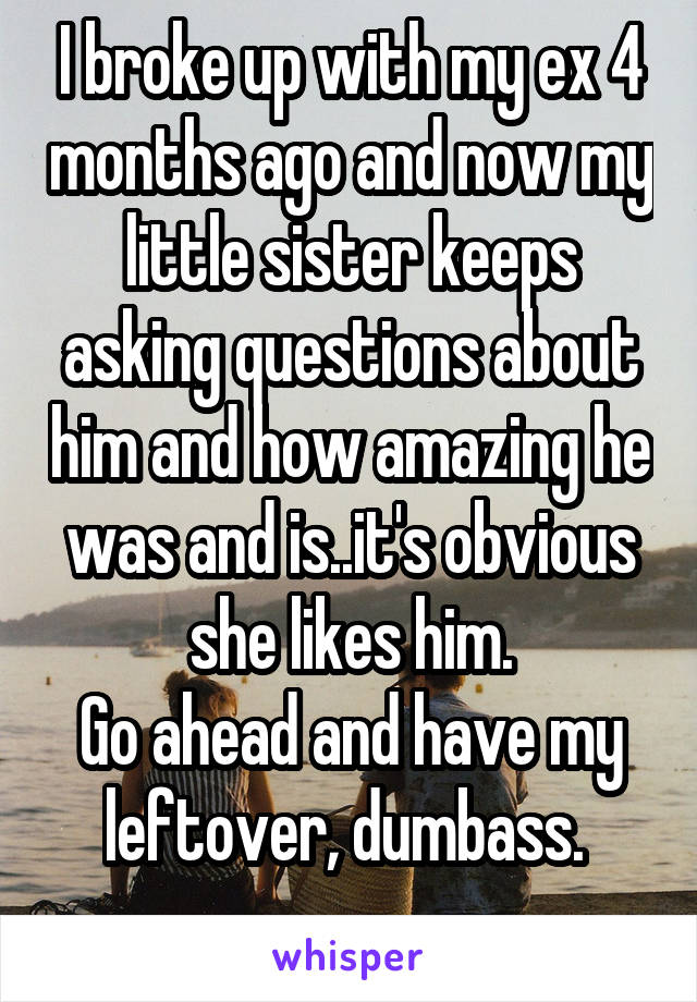 I broke up with my ex 4 months ago and now my little sister keeps asking questions about him and how amazing he was and is..it's obvious she likes him.
Go ahead and have my leftover, dumbass. 
