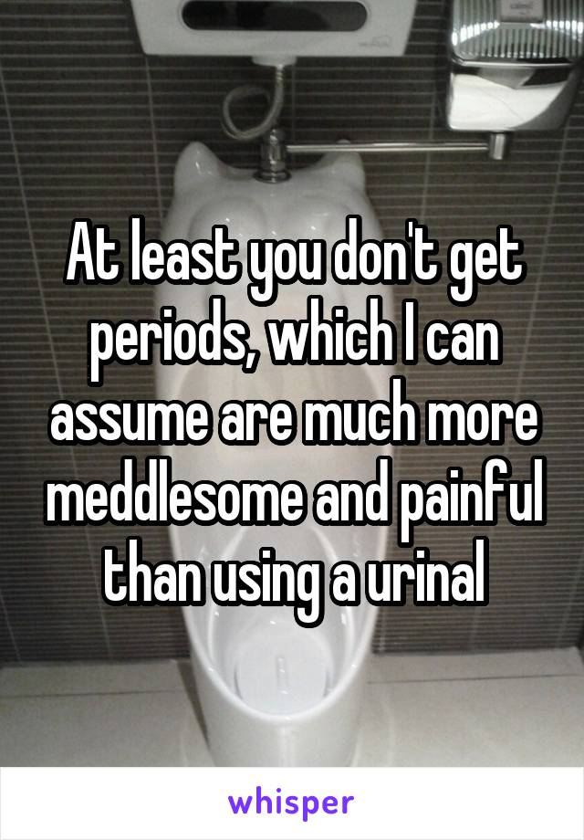 At least you don't get periods, which I can assume are much more meddlesome and painful than using a urinal