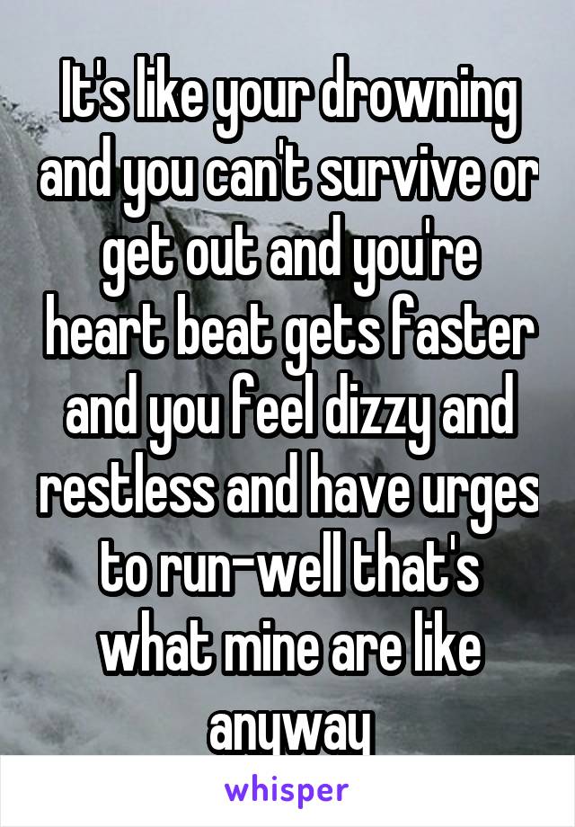 It's like your drowning and you can't survive or get out and you're heart beat gets faster and you feel dizzy and restless and have urges to run-well that's what mine are like anyway