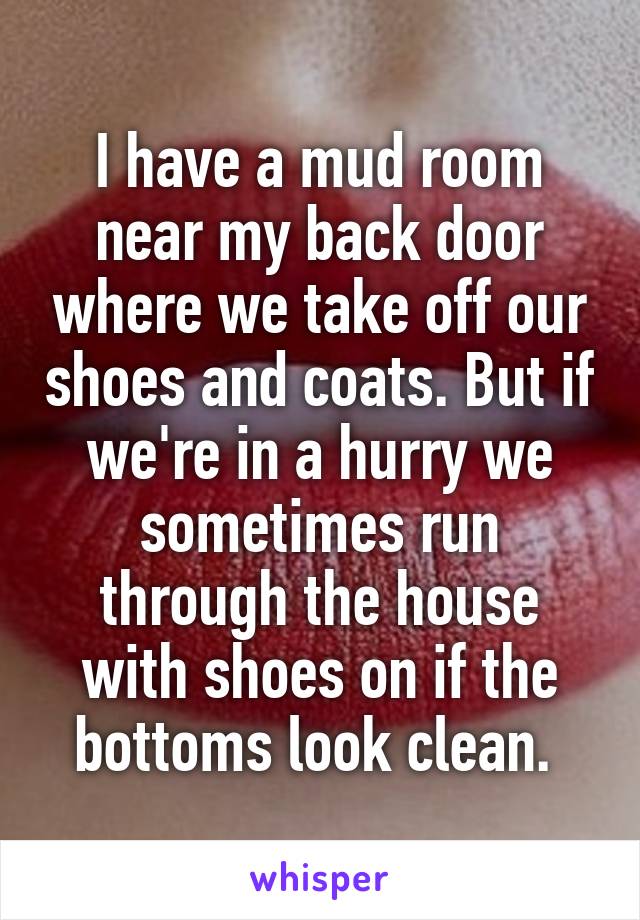 I have a mud room near my back door where we take off our shoes and coats. But if we're in a hurry we sometimes run through the house with shoes on if the bottoms look clean. 