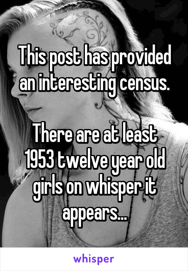 This post has provided an interesting census.

There are at least 1953 twelve year old girls on whisper it appears...