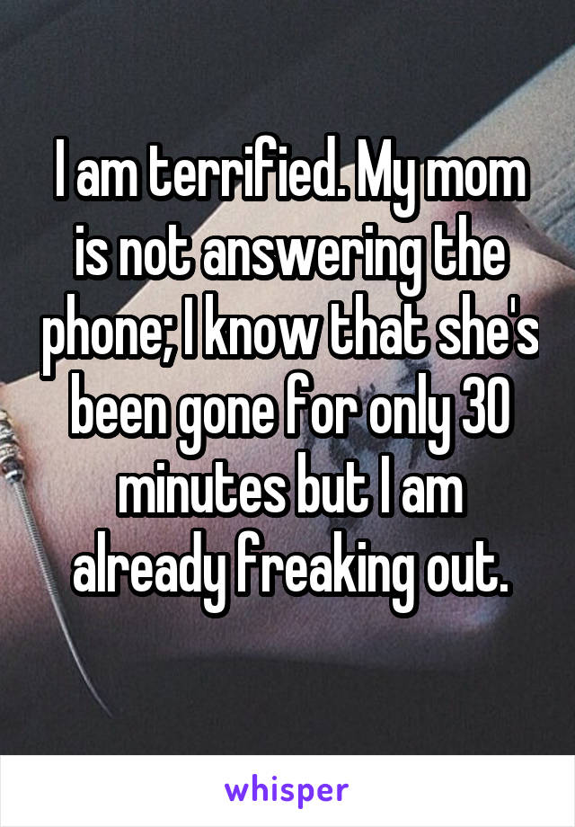 I am terrified. My mom is not answering the phone; I know that she's been gone for only 30 minutes but I am already freaking out.
