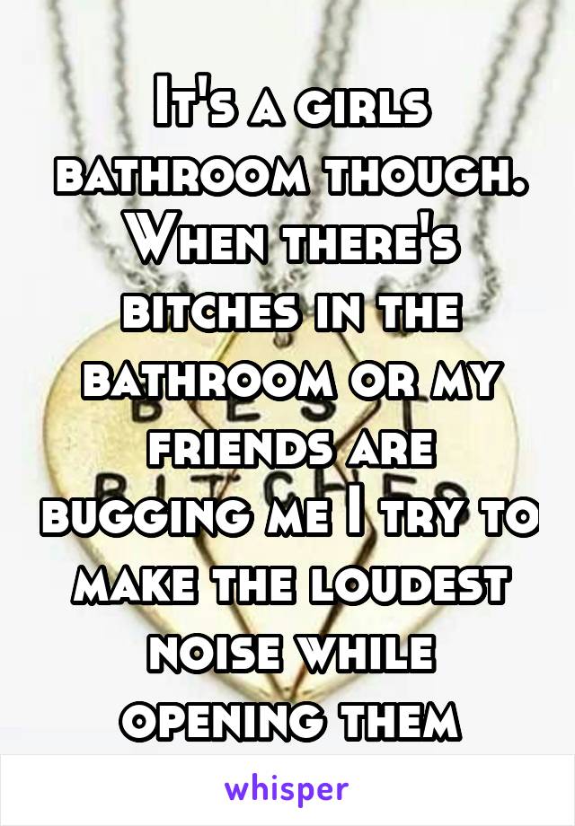 It's a girls bathroom though. When there's bitches in the bathroom or my friends are bugging me I try to make the loudest noise while opening them