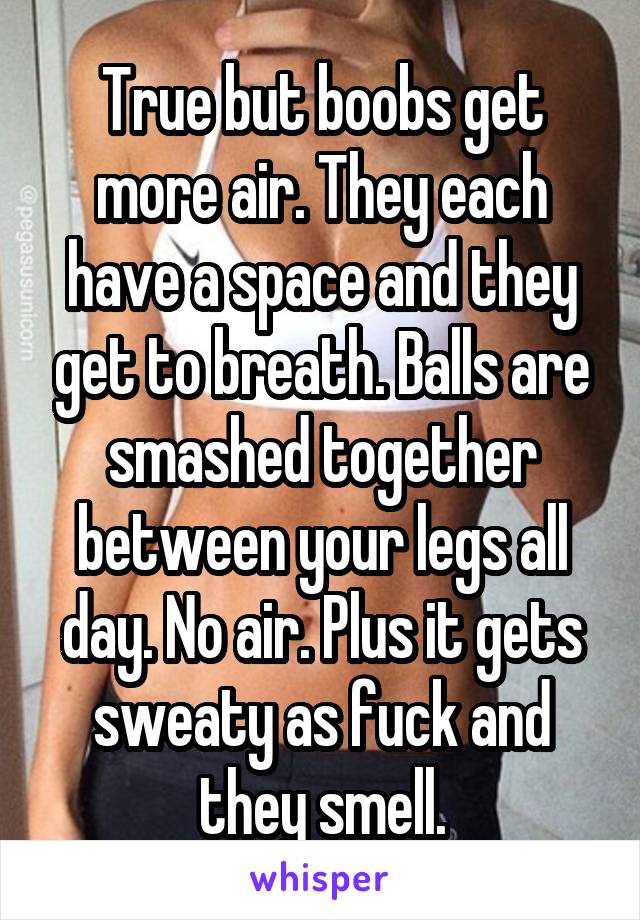 True but boobs get more air. They each have a space and they get to breath. Balls are smashed together between your legs all day. No air. Plus it gets sweaty as fuck and they smell.